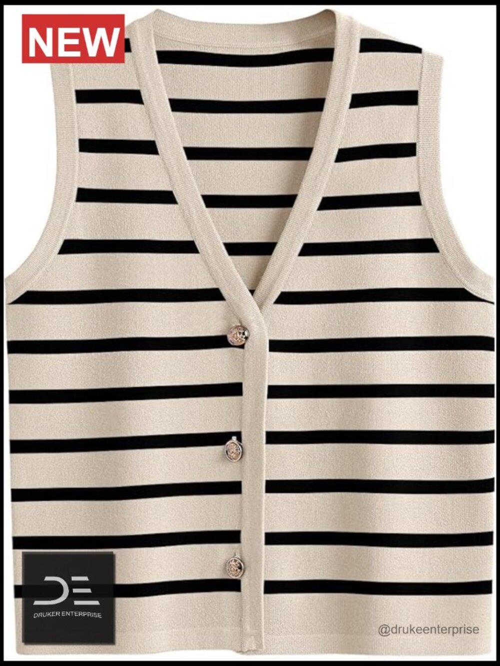 Striped Button Up Vest Top Sleeveless V-Neck Open Back Knit Blouse Jacket